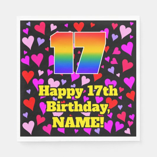 Serviette En Papier 17e anniversaire : Amour Hearts Motif, Arc-en-ciel (Devant)