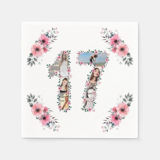 Serviette En Papier 17e anniversaire fille Fleur Photo Collage blanc (Devant)