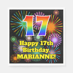 Serviette En Papier 17e anniversaire : Motif Fun Fireworks + Arc-en-ci