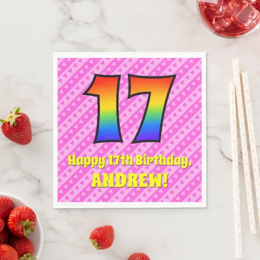Serviette En Papier 17e anniversaire : Pink Stripes & Hearts, Arc en c (En situation)