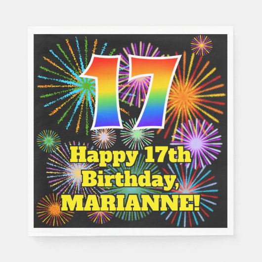 Serviette En Papier 17ème anniversaire : Fun Fireworks Motif + Rainbow (Devant)
