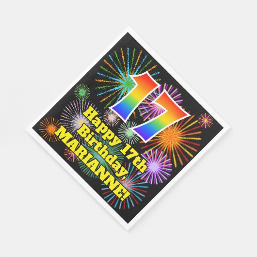 Serviette En Papier 17ème anniversaire : Fun Fireworks Motif + Rainbow (Coin)