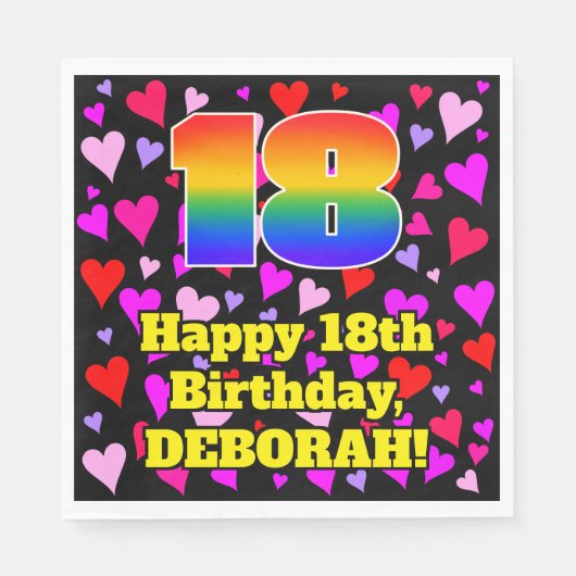 Serviette En Papier 18e anniversaire : Amour Hearts Motif, Arc-en-ciel (Devant)