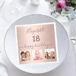 Serviette En Papier 18e anniversaire fête personnalisée photo rose or<br><div class="desc">Pour un 18ème anniversaire. Un collage de 3 de vos photos d'elle-même, d'amis, de famille, d'intérêts ou d'animaux de compagnie. Une couleur arrière - plan blanche, féminine, rose, dégradé rose. Personnalisez et ajoutez son nom et son âge de 18 ans. Le texte : joyeux anniversaire est écrit avec un script...</div>