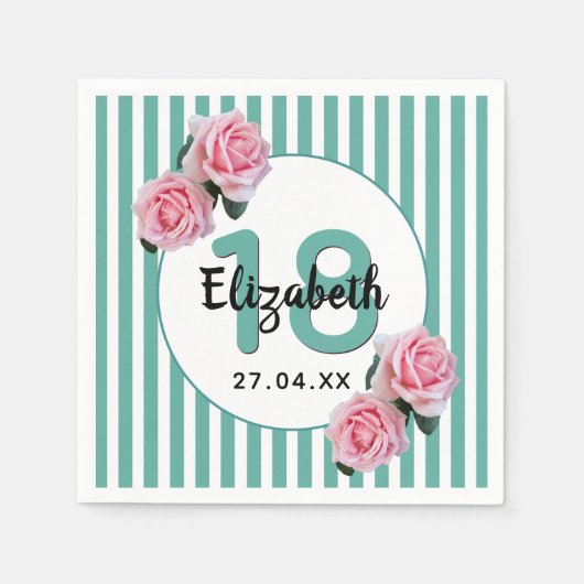 Serviette En Papier 18e anniversaire florale rose turquoise rayures ve (Devant)