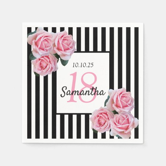 Serviette En Papier 18e anniversaire rose roses noir blanc rayures (Devant)