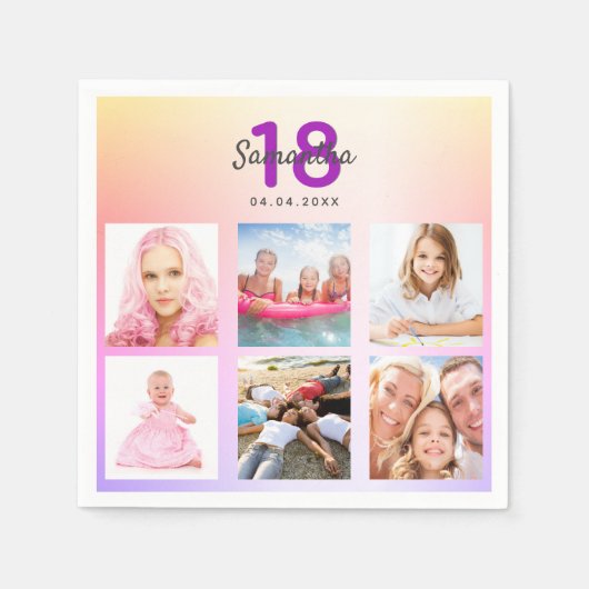 Serviette En Papier 18e anniversaire rose violet rose or photo nom (Devant)