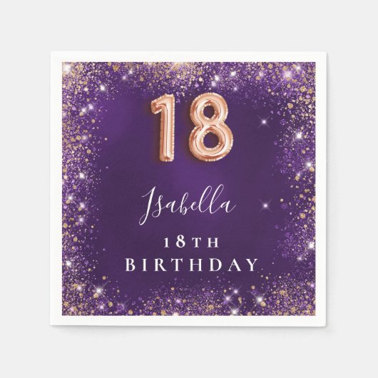 Serviette En Papier 18e anniversaire violet rose or pétillant nom (Devant)