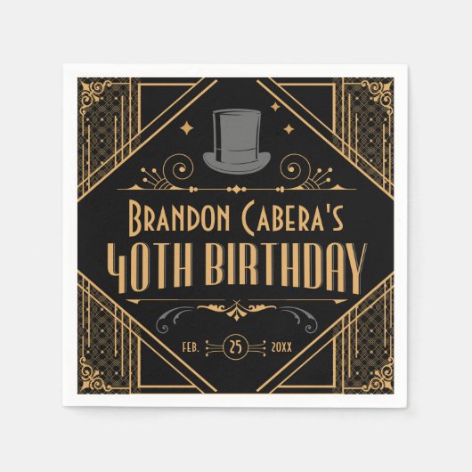 Serviette En Papier 1920 Art Déco Black & Gold 40e anniversaire (Devant)
