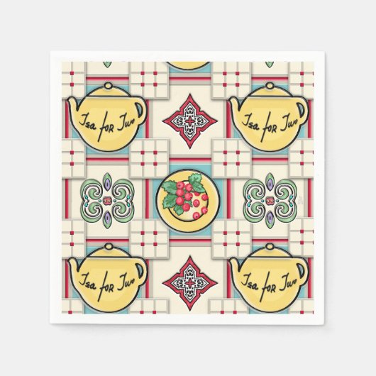 Serviette En Papier 1940 Motif de cuisine avec théières jaunes (Devant)