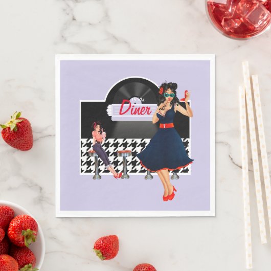 Serviette En Papier 1950 Diner lavender noir & blanc à damiers 1950 (En situation)