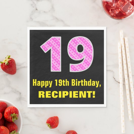 Serviette En Papier 19e anniversaire : Pink Stripes and Hearts "19" + (En situation)