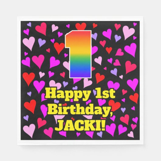 Serviette En Papier 1er anniversaire : Amour Coeurs Motif, Arc-en-ciel (Devant)