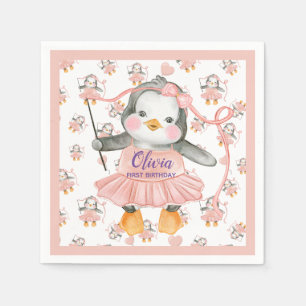 Serviette En Papier 1er anniversaire Ballerina Penguin Papier rose Nap