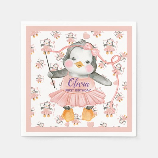 Serviette En Papier 1er anniversaire Ballerina Penguin Papier rose Nap (Devant)