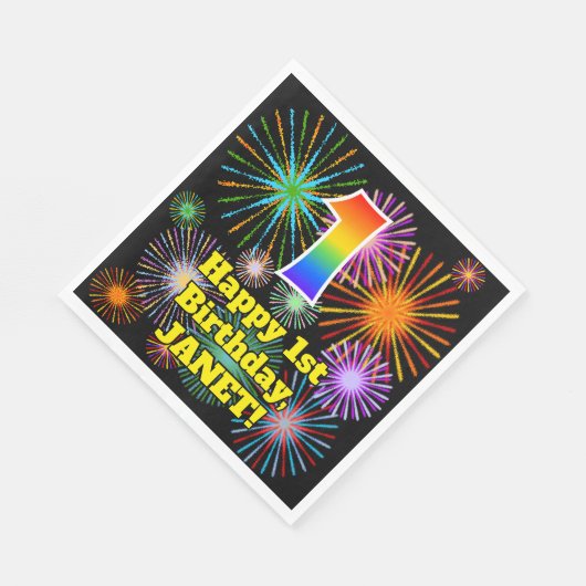 Serviette En Papier 1er anniversaire : Fun Motif Fireworks + Rainbow 1 (Coin)