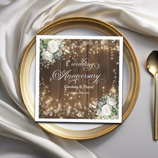 Serviette En Papier 1er anniversaire Mariage Lumières à cordes rustiqu