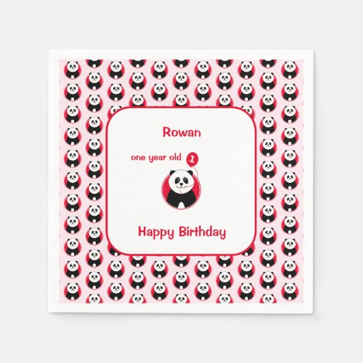 Serviette En Papier 1er anniversaire panda rouge ballon enfants (Devant)
