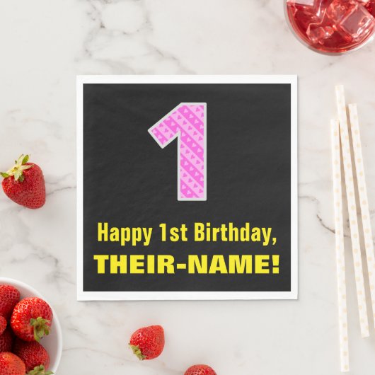 Serviette En Papier 1er anniversaire : Pink Stripes and Hearts "1" + N (En situation)