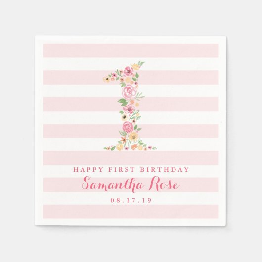 Serviette En Papier 1er anniversaire Pink Stripes & Aquarelle Florale  (Devant)