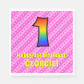 Serviette En Papier 1er anniversaire : Pink Stripes & Hearts, Rainbow  (Devant)