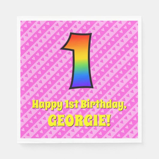 Serviette En Papier 1er anniversaire : Pink Stripes & Hearts, Rainbow (Devant)