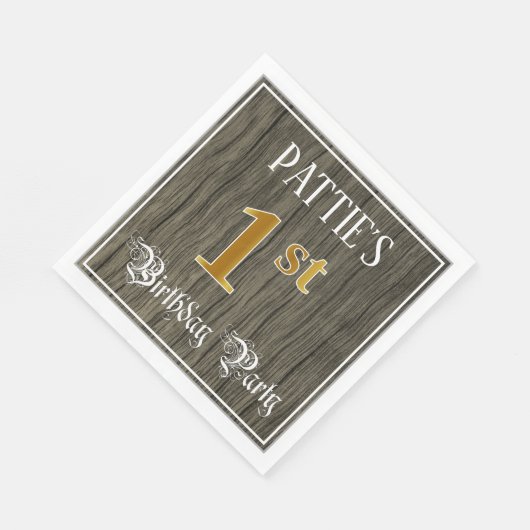 Serviette En Papier 1ère fête d'anniversaire — Faux Gold & Faux Wood L (Coin)