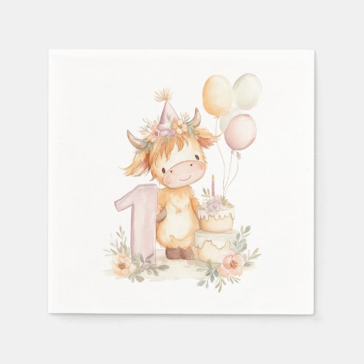 Serviette En Papier 1st birthday highland cow (Devant)