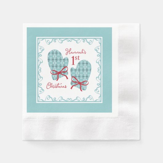 Serviette En Papier 1st Christmas Mittens Red Bow Holiday (Devant)