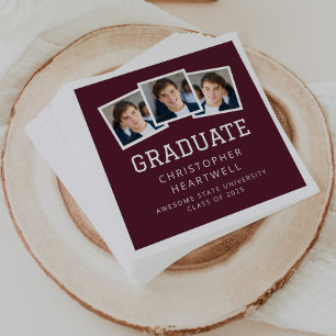 Serviette En Papier 2025 Diplômé 3-Photo Burgundy Blanc