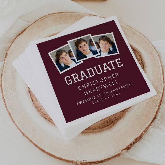 Serviette En Papier 2025 Diplômé 3-Photo Burgundy Blanc