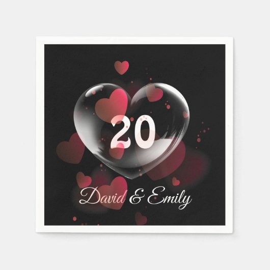 Serviette En Papier 20e Anniversaire Bulle cardiaque avec Coeurs rouge (Devant)