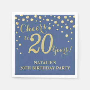 Serviette En Papier 20e anniversaire de la fête Bleu et Diamant Or Nap
