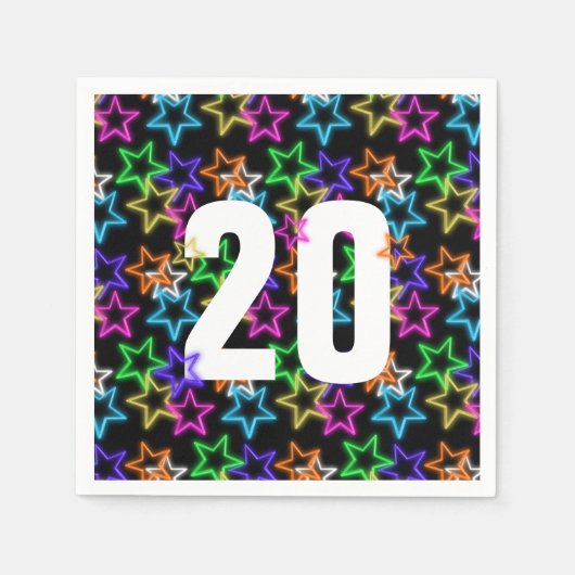 Serviette En Papier 20e Anniversaire Neon Étoiles sur noir (Devant)
