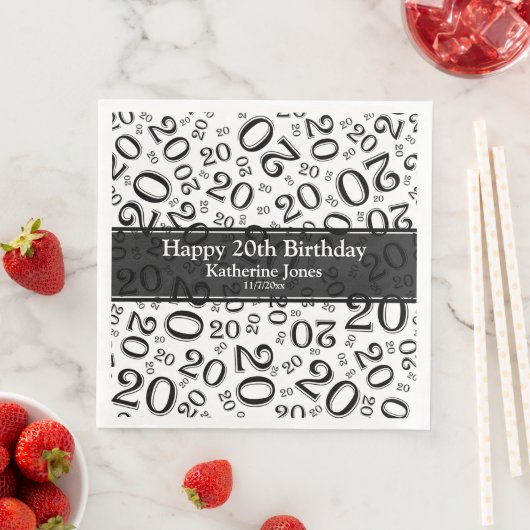 Serviette En Papier 20e anniversaire Random Number Motif noir/blanc (En situation)