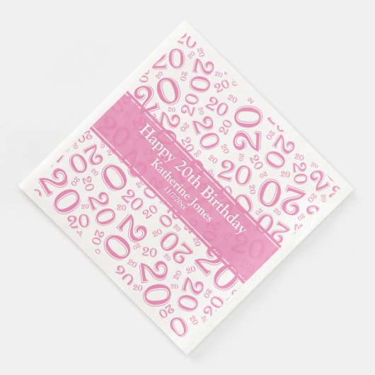 Serviette En Papier 20e anniversaire Random Number Motif rose/blanc (Coin)