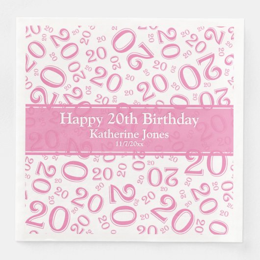 Serviette En Papier 20e anniversaire Random Number Motif rose/blanc (Devant)