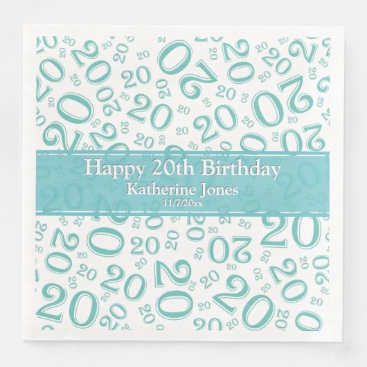 Serviette En Papier 20e anniversaire Random Number Motif Turquoise/bla (Devant)
