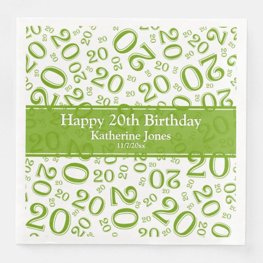 Serviette En Papier 20e anniversaire Random Numéro Motif Vert/Blanc (Devant)