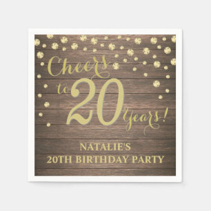 Serviette En Papier 20e fête d'anniversaire Rustic Wood et Gold Diamon