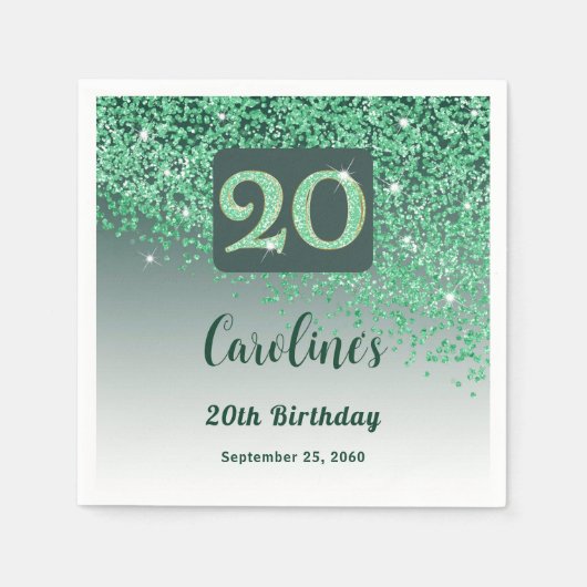 Serviette En Papier 20th Birthday Party Sparkling Green Glitter (Devant)