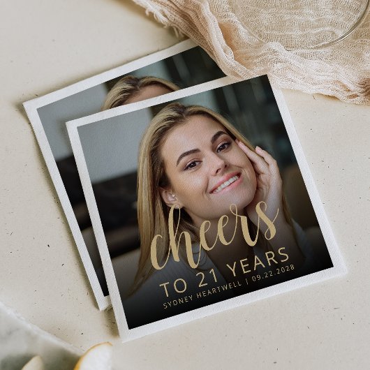 Serviette En Papier 21e anniversaire de fête Photo Gold Script Cheers