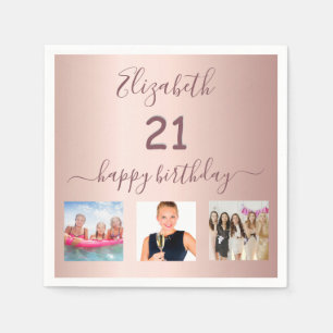 Serviette En Papier 21e anniversaire fête personnalisée photo rose or 