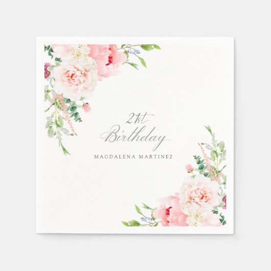 Serviette En Papier 21e Anniversaire Fête Rose Floral Custom Cocktail (Devant)