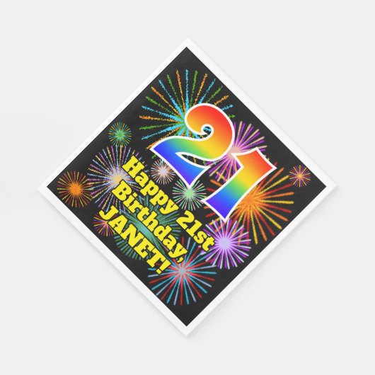Serviette En Papier 21e anniversaire : Fun Motif Fireworks + Rainbow 2 (Coin)