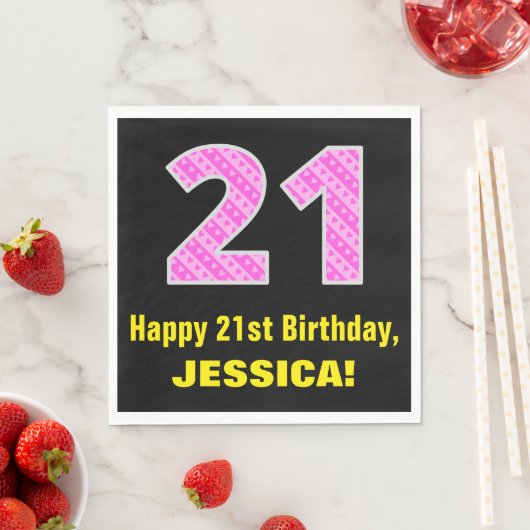 Serviette En Papier 21e anniversaire : Pink Stripes and Hearts "21" + (En situation)