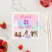 Serviette En Papier 21e anniversaire rose holographique nom photo (En situation)