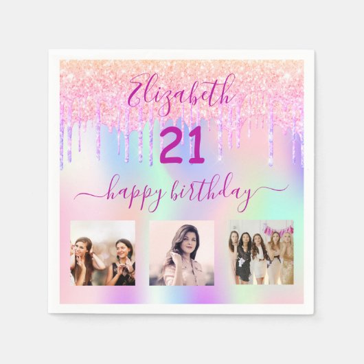 Serviette En Papier 21e anniversaire rose holographique nom photo (Devant)