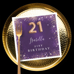 Serviette En Papier 21e anniversaire violet rose or nom parties scinti