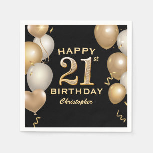 Serviette En Papier 21e fête d'anniversaire Ballons Noir et Or